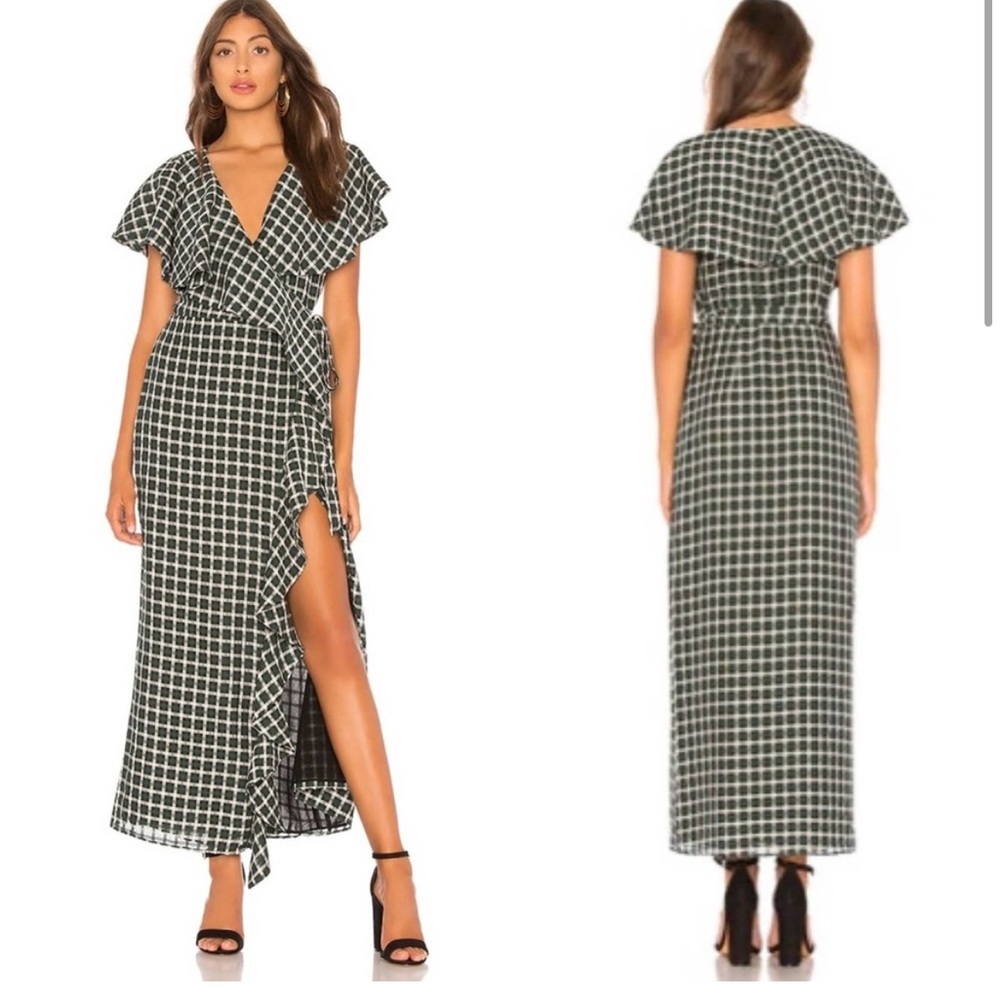 Tularosa green mila plaid ruffle wrap maxi dress size medium revolve